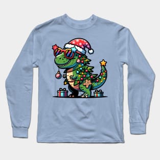 Tree-Rex Holiday Dinosaur - Christmas Tree T-Rex TreeRex Pun with Santa Hat, Lights and Ornaments Long Sleeve T-Shirt